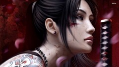 fantasy art Women blood render digital art tattoo Katana makeup