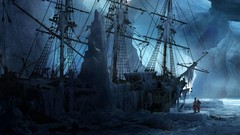 Fantasy cold ice ships abandoned Frozen icebergs fantasy art 