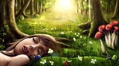 Fantasy dreams Trees magic woman sleeping paintings elves 