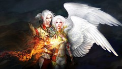 Fantasy fire wings feathers armor white hair long hair angel 