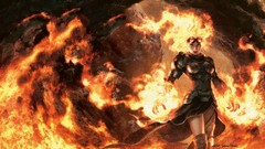 Fantasy fire woman orange armor flames sorcerer goggles mage 