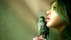 Fantasy Green woman Birds green hair fantasy art