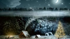 Fantasy new year Horses House cottage Christmas trees happy new 