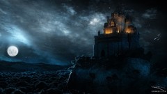 Fantasy night moon castle 3d forests digital art fantasy art
