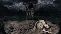 Fantasy rain woman wings angels brunettes digital art fantasy 