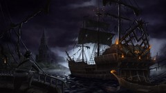 Fantasy ships bay port pirates ghost sailor skulls fantasy art 