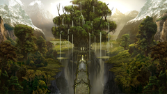 Fantasy tree forest Bridge waterfall high Resolution