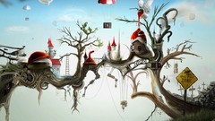 Fantasy Trees red paint bubbles ladder parachute roads road 