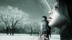 Fantasy Trees snow winter woman Birds feathers