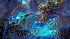 Fantasy water rain magic wings Dragons fight waterfalls rocks 