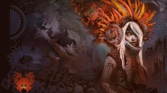 Fantasy woman abstract feathers white hair hair ornaments 