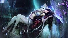 Fantasy woman brunettes black hair lying down artwork