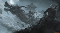 Fantasy woman Dragons flying Swords long hair riding fantasy art