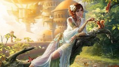 Fantasy woman Garden walkway feeding redheads artwork digital 