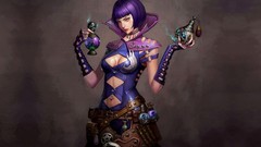 Fantasy woman gloves poison belts blue hair witches potion 