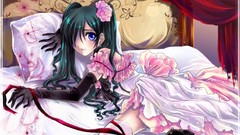 Feathers Anime dress beds gloves Ribbons blue eyes brunettes 
