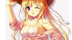 Feathers Anime long hair wink alpha purple eyes ecchi cleavage 