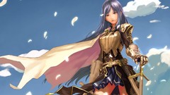 Feathers armor Swords skirts blue hair anime girls skies