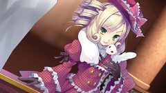 Feathers dress gloves Ribbons blush short hair yellow eyes game 