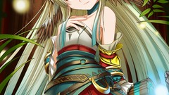 Feathers dress horns red eyes smiling long hair anime girls