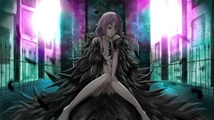 Feathers navel red eyes sitting fences pink hair long hair 