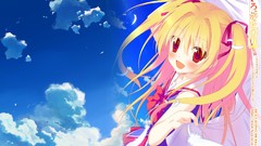 Feathers red eyes Ribbons blondes long hair anime girls open 