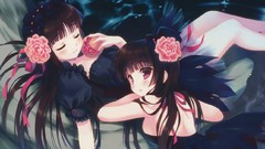 Feathers Ribbons long hair closed eyes brunettes short hair 