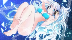 Feet headphones Anime white hair long hair blue eyes cleavage 