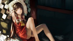 Feet long hair barefoot brunettes hakurei reimu touhou miko 