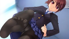 Feet tie red eyes looking down schoolgirls skirts blush anime 