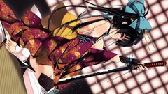 Feet weapons Katana Bells gloves Ribbons sitting kimono Swords 