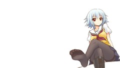 Feet white background red eyes stockings blue hair boots school 