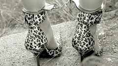 Feet woman fashion handcuffs models high heels leopard print