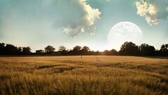 field landscape moon sunlight digital art