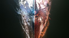 Fire blue red eyes weapons abstract Swords artwork artistic