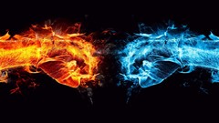 Fire blue red ice abstract black background fists versus punch