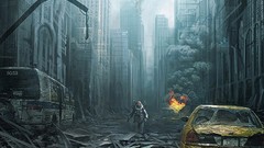 Fire cats destruction Skyscrapers cars ruins science fiction