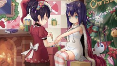 Fire Christmas long hair anime girls blue eyes animal ears 