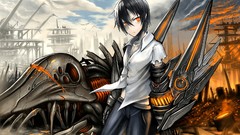 Fire clouds wings Anime buildings cities black hair orange eyes 