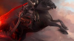 Fire clouds woman Horses armor Warriors knight scythe artwork 