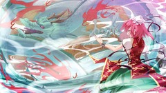 Fire Dragons horns red eyes Ribbons skirts pink hair bandages 