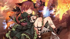 Fire dress wheelbarrow fangs Bones red eyes sitting bows skulls 