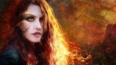 Fire eyes woman fireflies flames redheads digital art
