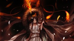 Fire feathers snakes dress red eyes long hair anime girls white 