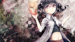 Fire glasses horns navel short hair black hair purple eyes 