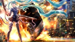 Fire Guns headphones Anime stockings skirts smiling hatsune 
