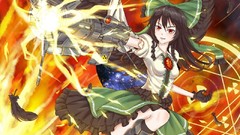 Fire Guns wings feathers dress red eyes gloves skirts long hair 