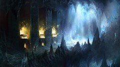 Fire ice paintings Warriors caves fantasy art