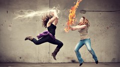 Fire Lightning woman fight jeans Swords battles Photo 