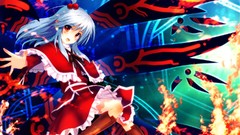 Fire magic dress goddess white hair red eyes red dress blush 